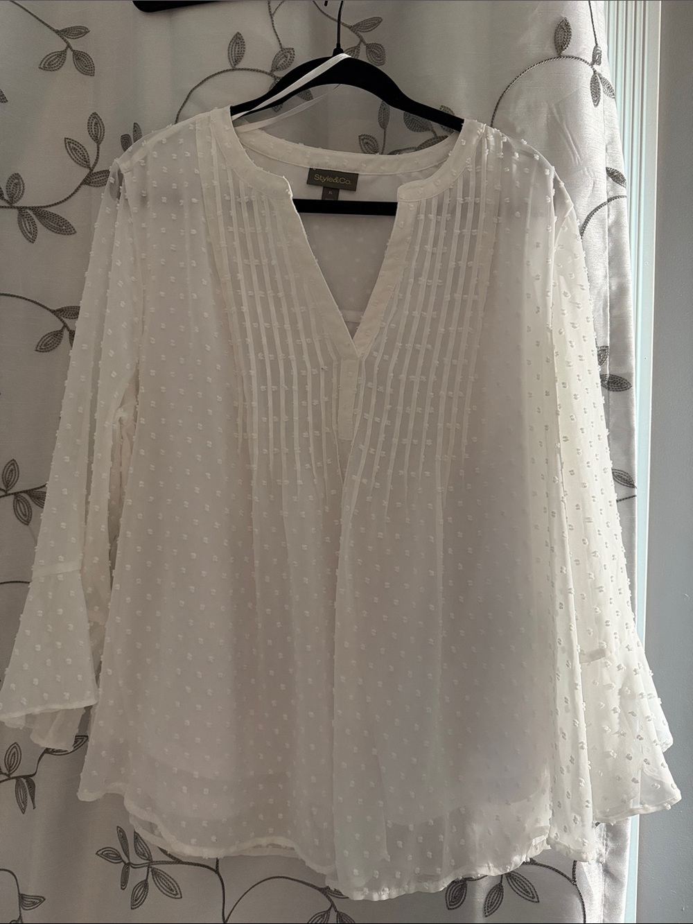 Style & Co. White Swiss Dot Pintuck V-Neck Blouse
